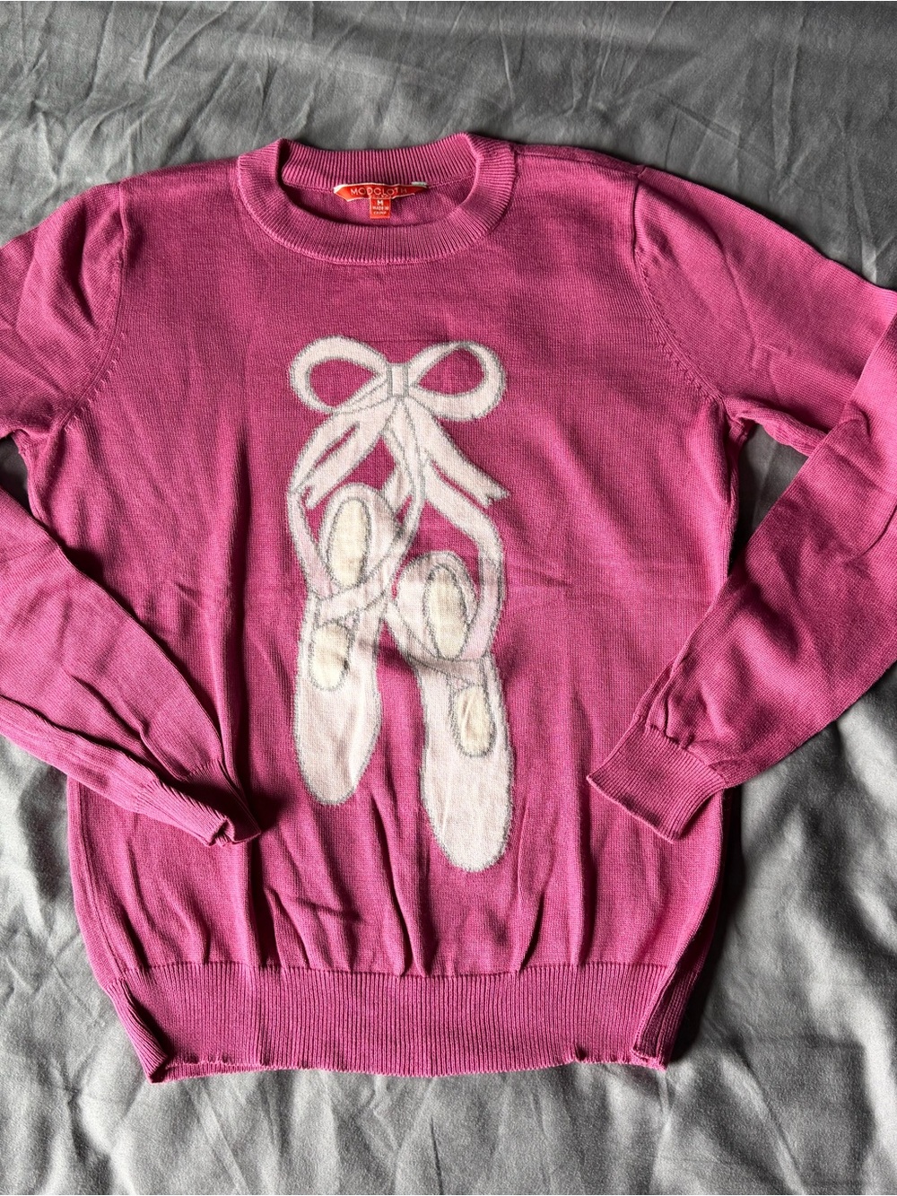 Modcloth Pink Crewneck Knit Sweater with Ballet Slipper Motif